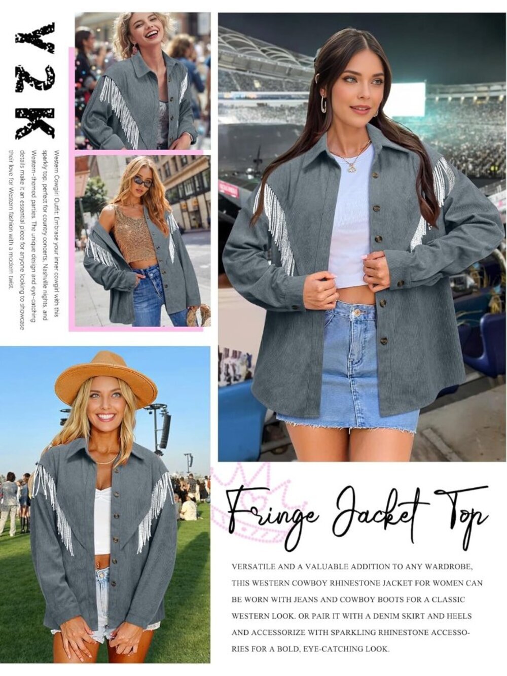 Women's Grey Corduroy Nashville Sparkly Rhinestone Fringe Long Sleeves Jacket - Picture 3 of 6